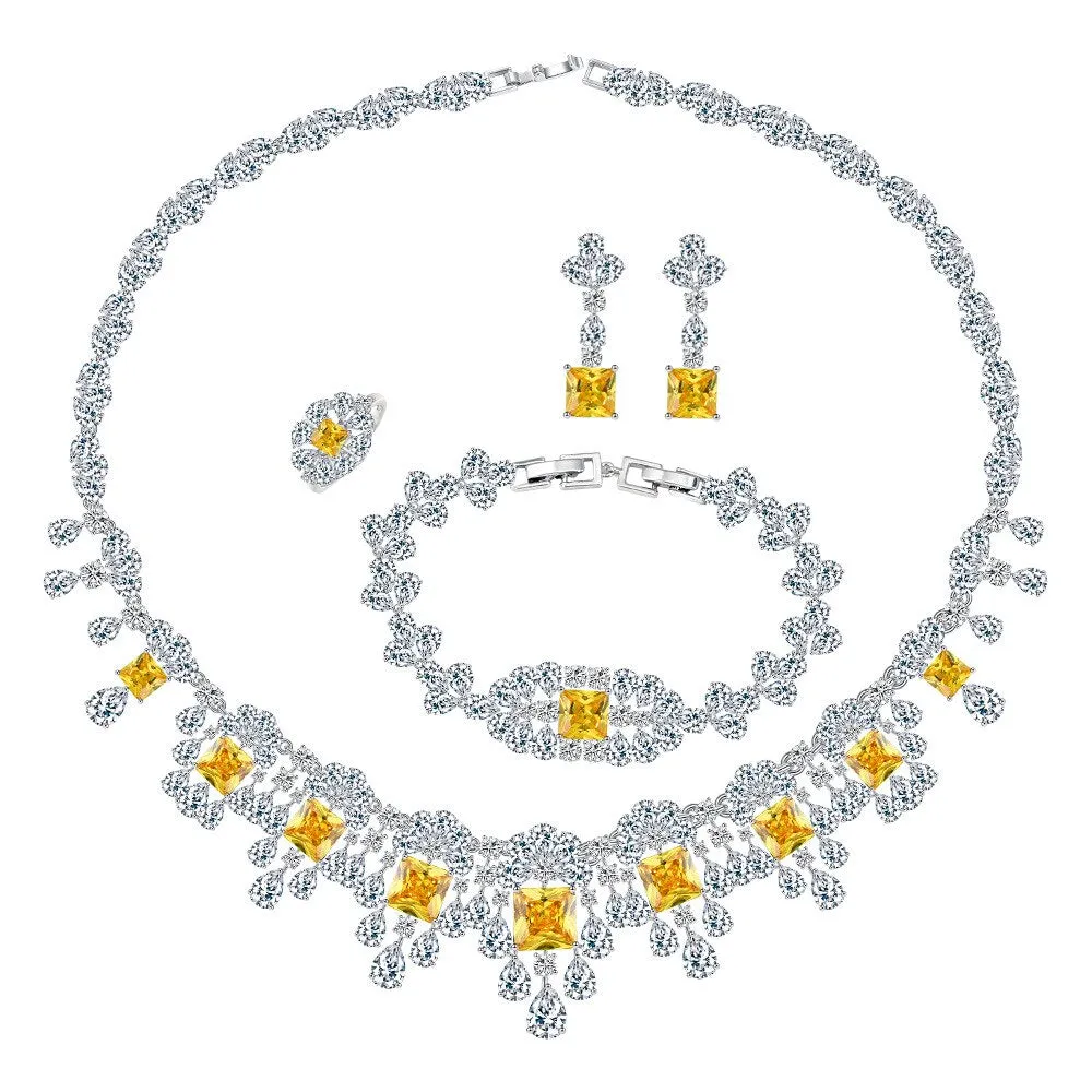 Popular dinner dress wedding bridal jewelry set light luxury necklace,earring,bracelets,ring 4 sets for women SZT0265