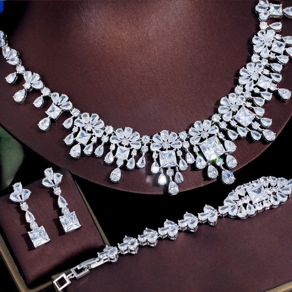 Popular dinner dress wedding bridal jewelry set light luxury necklace,earring,bracelets,ring 4 sets for women SZT0265