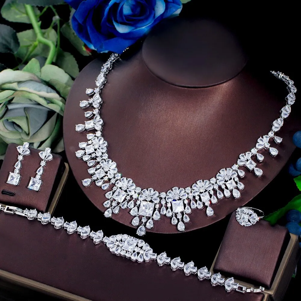 Popular dinner dress wedding bridal jewelry set light luxury necklace,earring,bracelets,ring 4 sets for women SZT0265