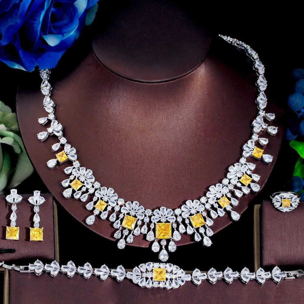 Popular dinner dress wedding bridal jewelry set light luxury necklace,earring,bracelets,ring 4 sets for women SZT0265