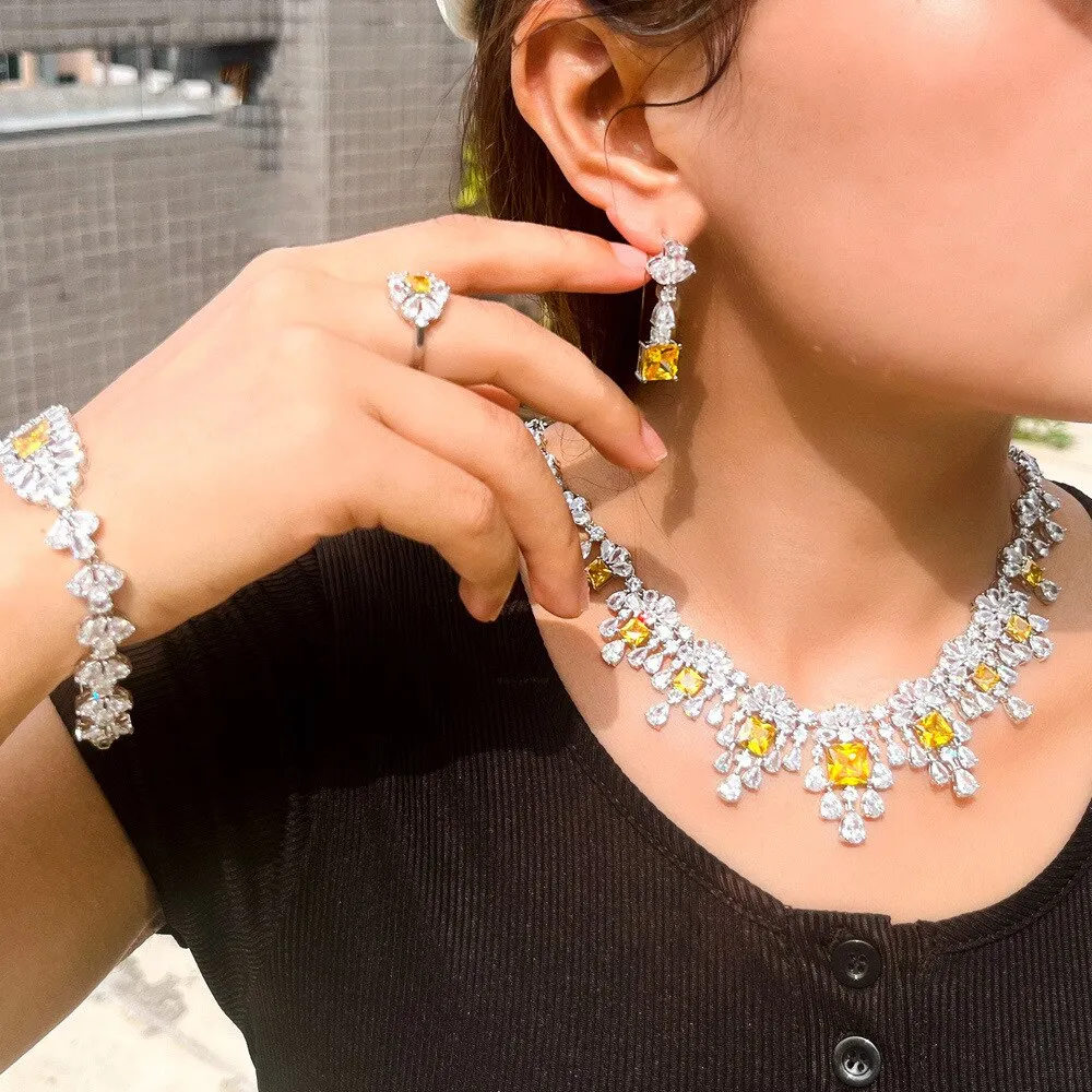 Popular dinner dress wedding bridal jewelry set light luxury necklace,earring,bracelets,ring 4 sets for women SZT0265
