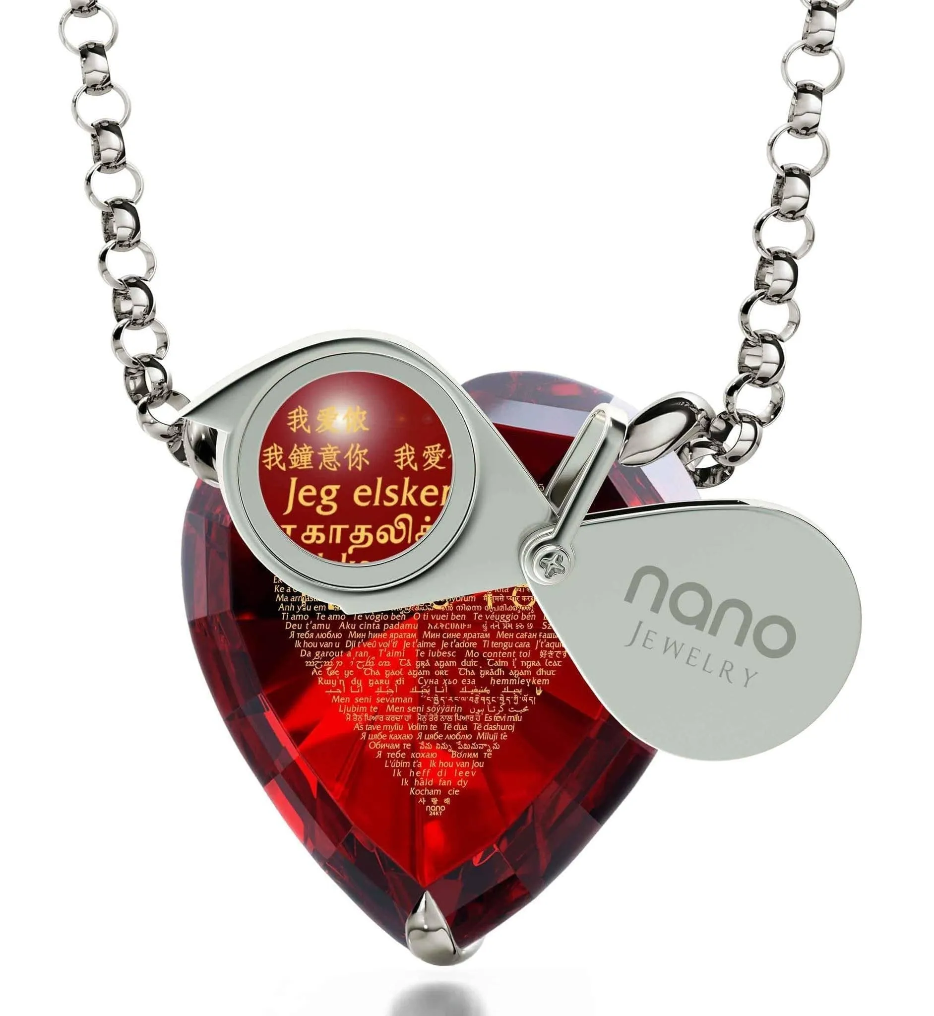 "I Love You" in 120 Languages, 925 Sterling Silver Necklace, Zirconia