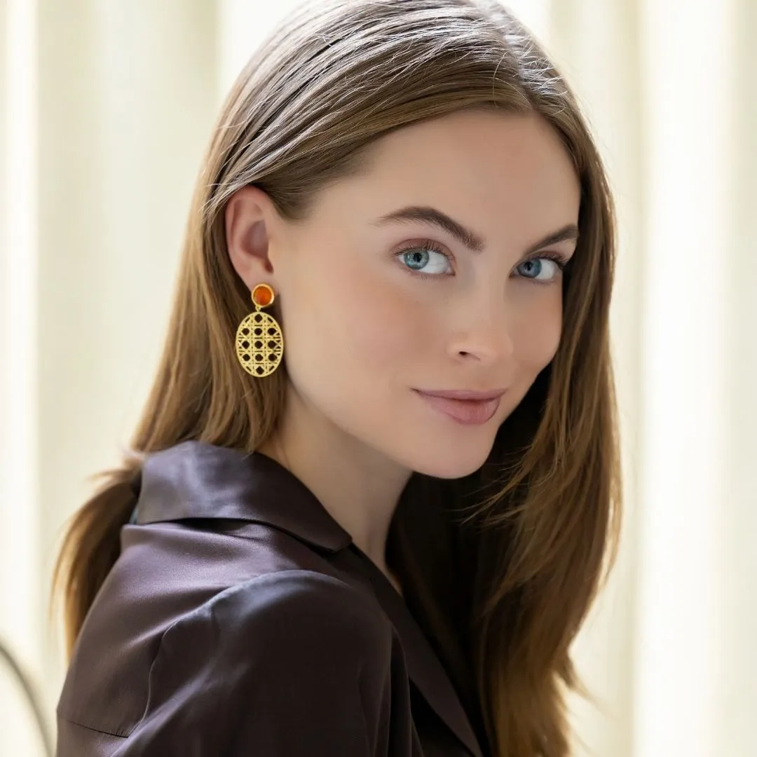 Remy Wicker Gold Oval & Carnelian Gem Earrings