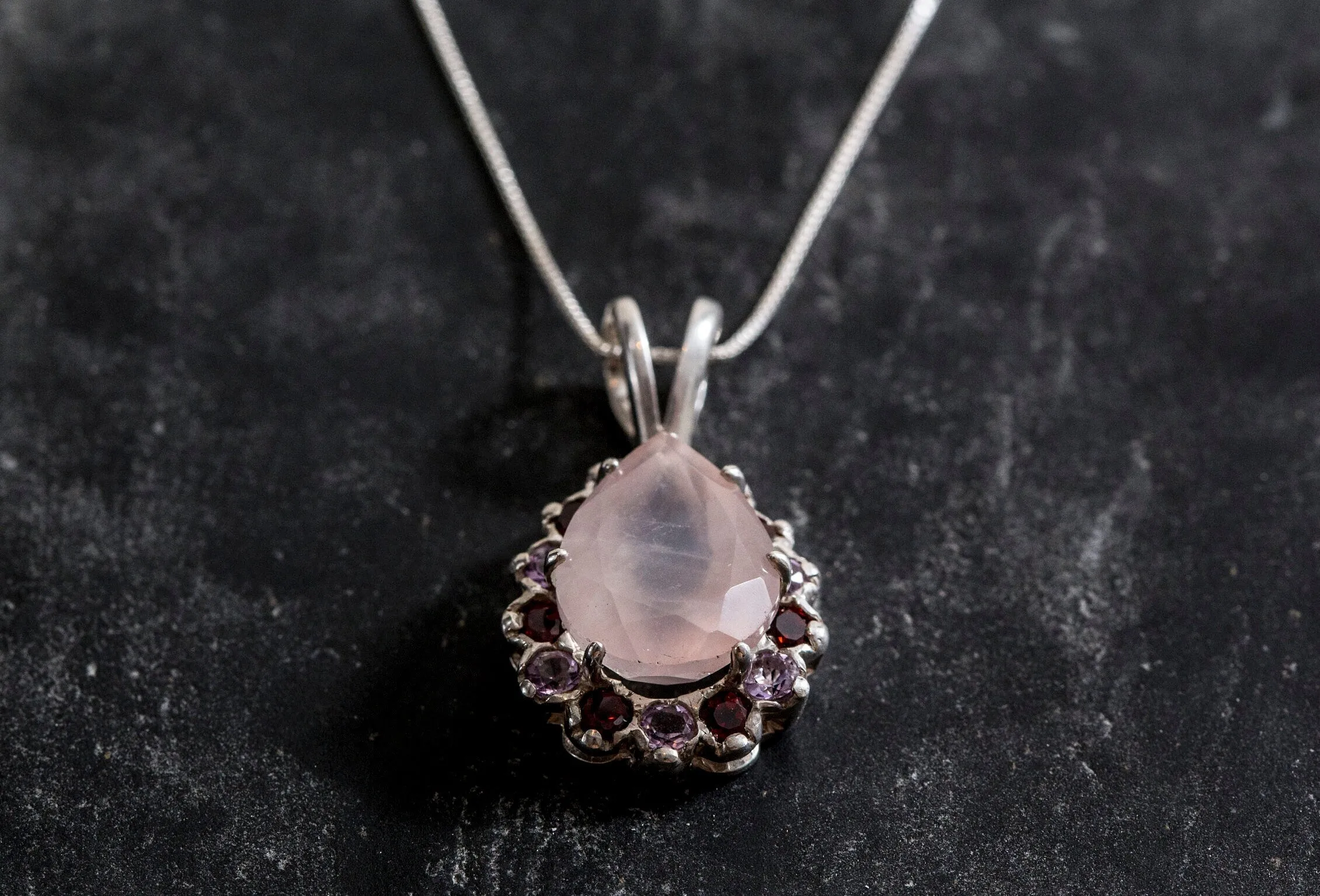Rose Quartz Pendant - Real Amethyst Necklace - Flower Garnet Necklace