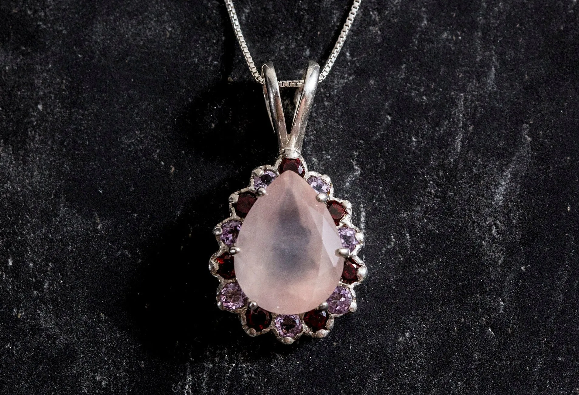 Rose Quartz Pendant - Real Amethyst Necklace - Flower Garnet Necklace