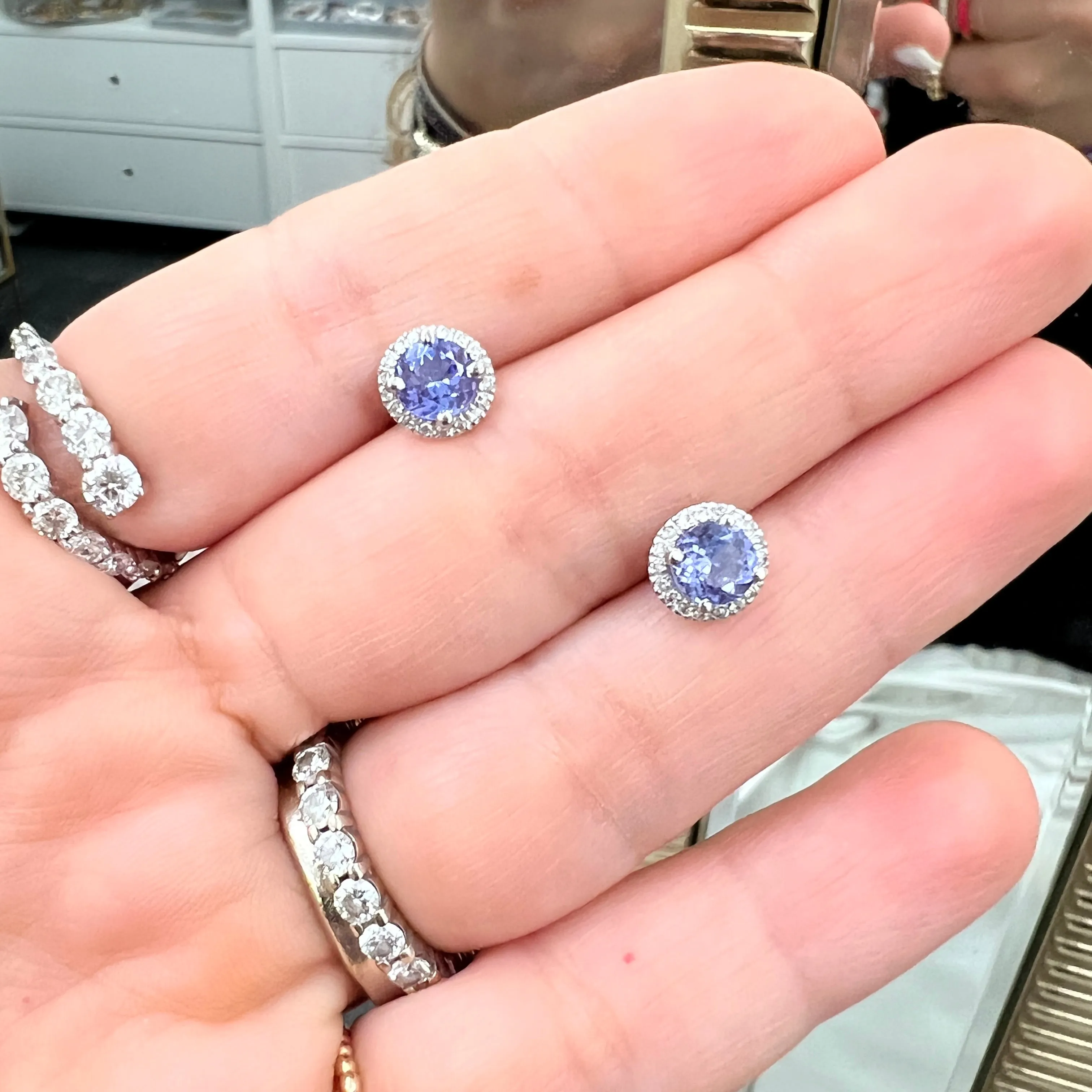 Round Gemstone Diamond Halo Stud Earrings