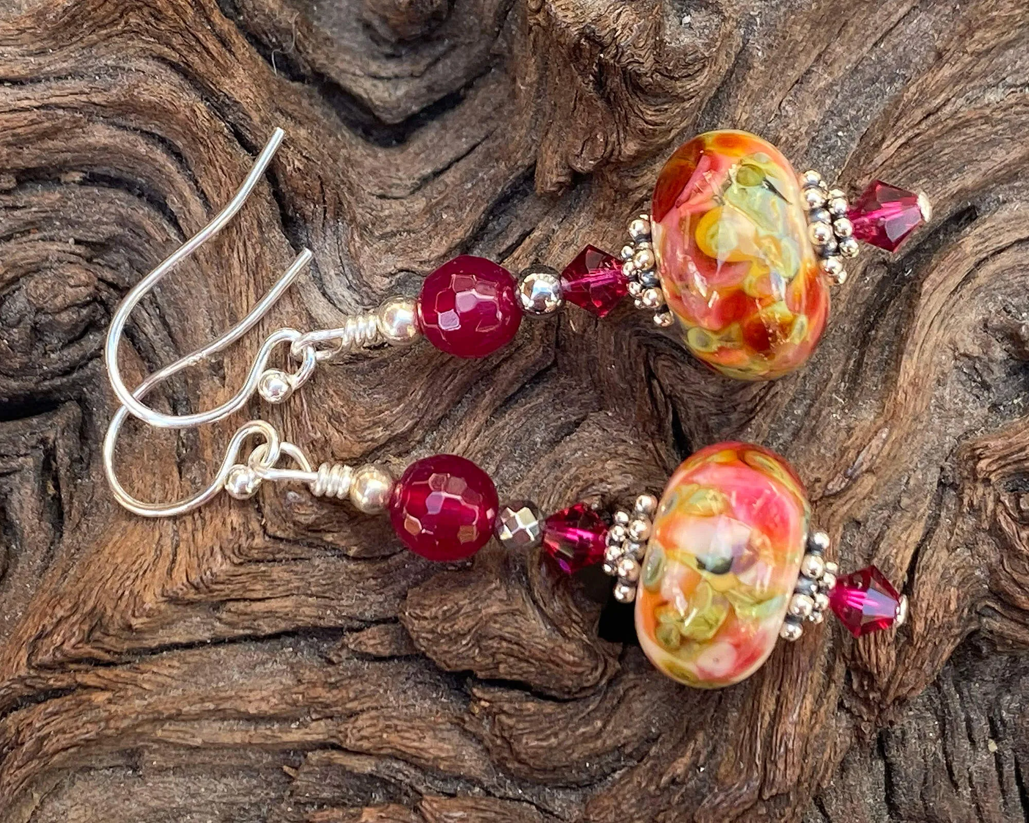 Ruby Agate Gemstone Lampwork Earrings