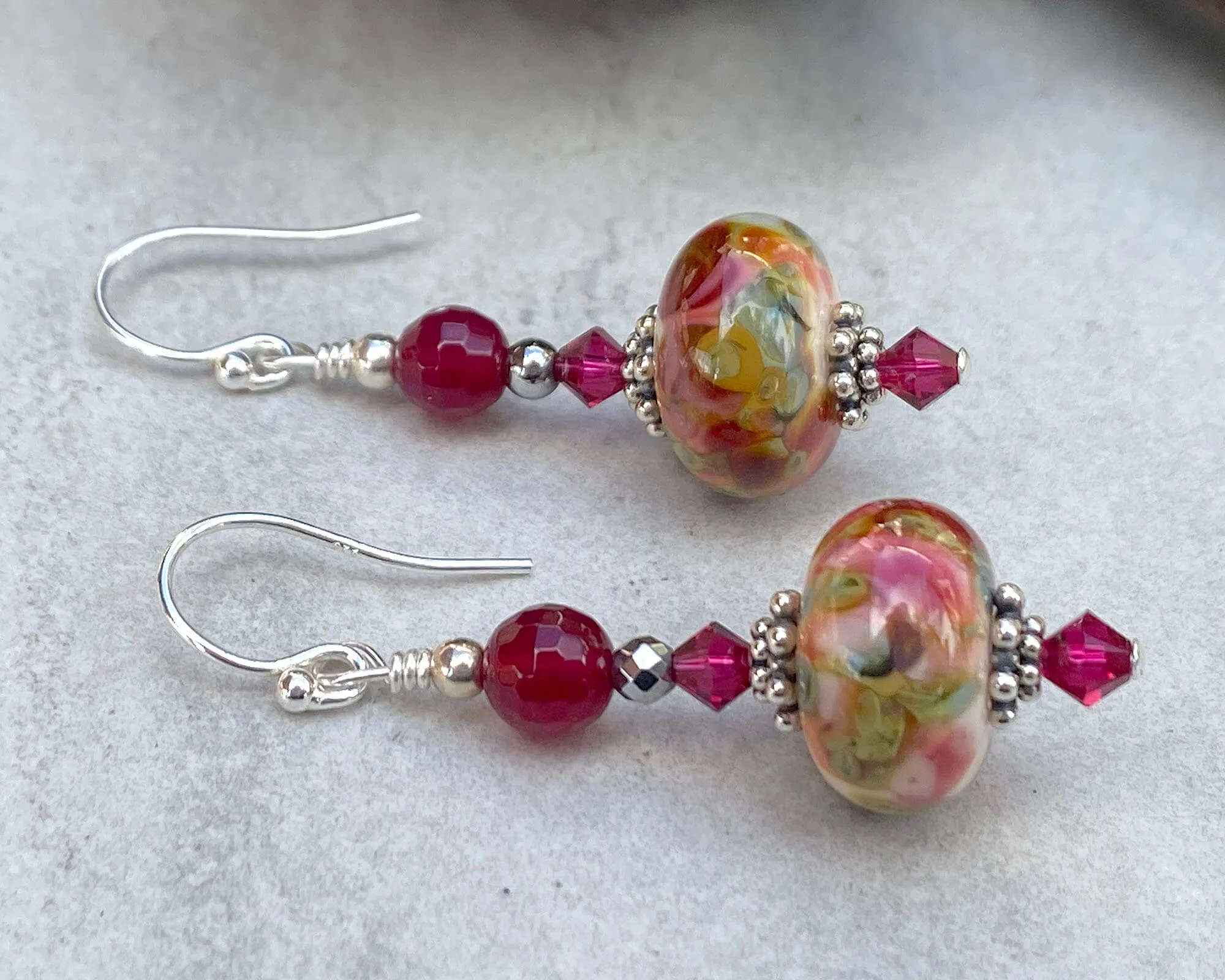 Ruby Agate Gemstone Lampwork Earrings