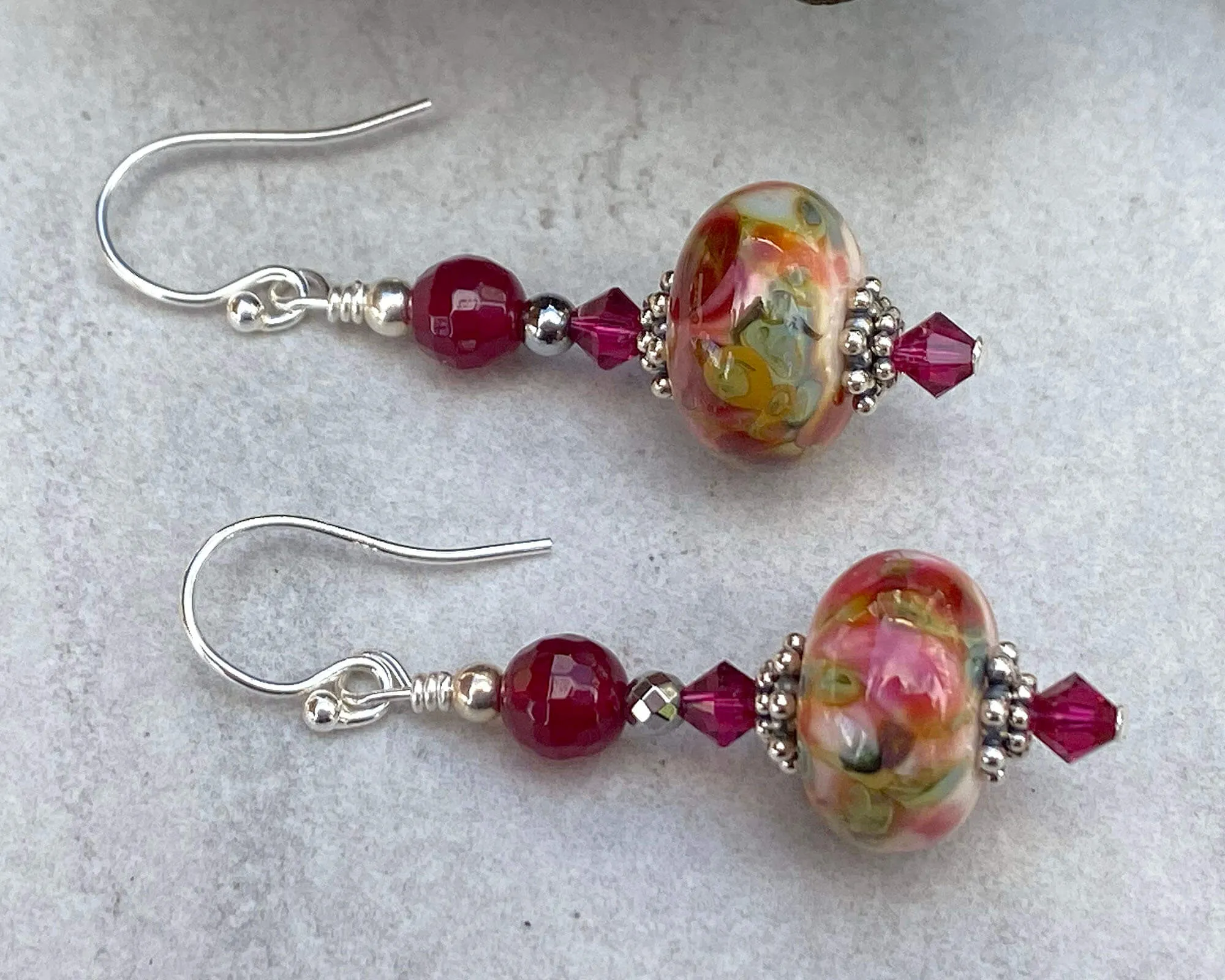 Ruby Agate Gemstone Lampwork Earrings