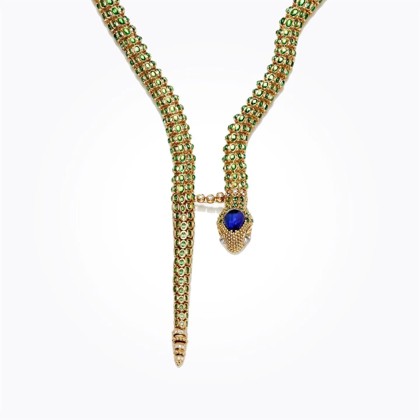 Secret Garden Serpent - 18K gold necklace with tsavorite, tanzanite, Royal Blue Moonstone & diamond