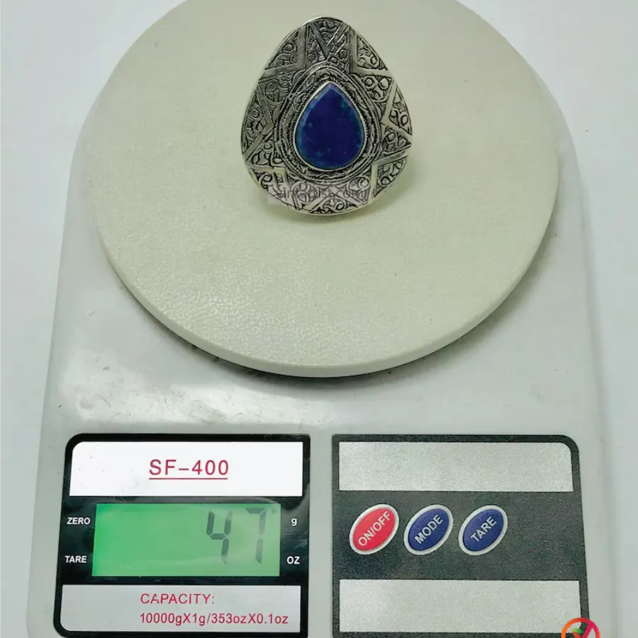 Silver Boho Adjustable Ring with Blue Gemstone