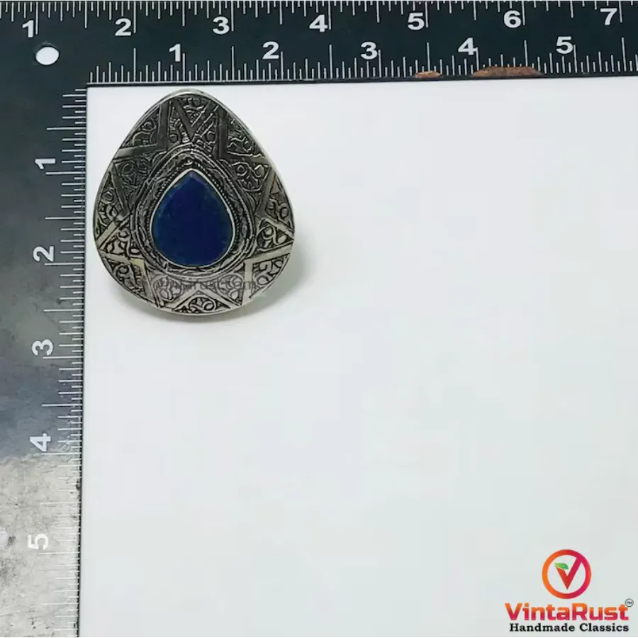 Silver Boho Adjustable Ring with Blue Gemstone