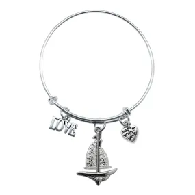 Silver Love Sail Boat Charm Wire Bangle Bracelet