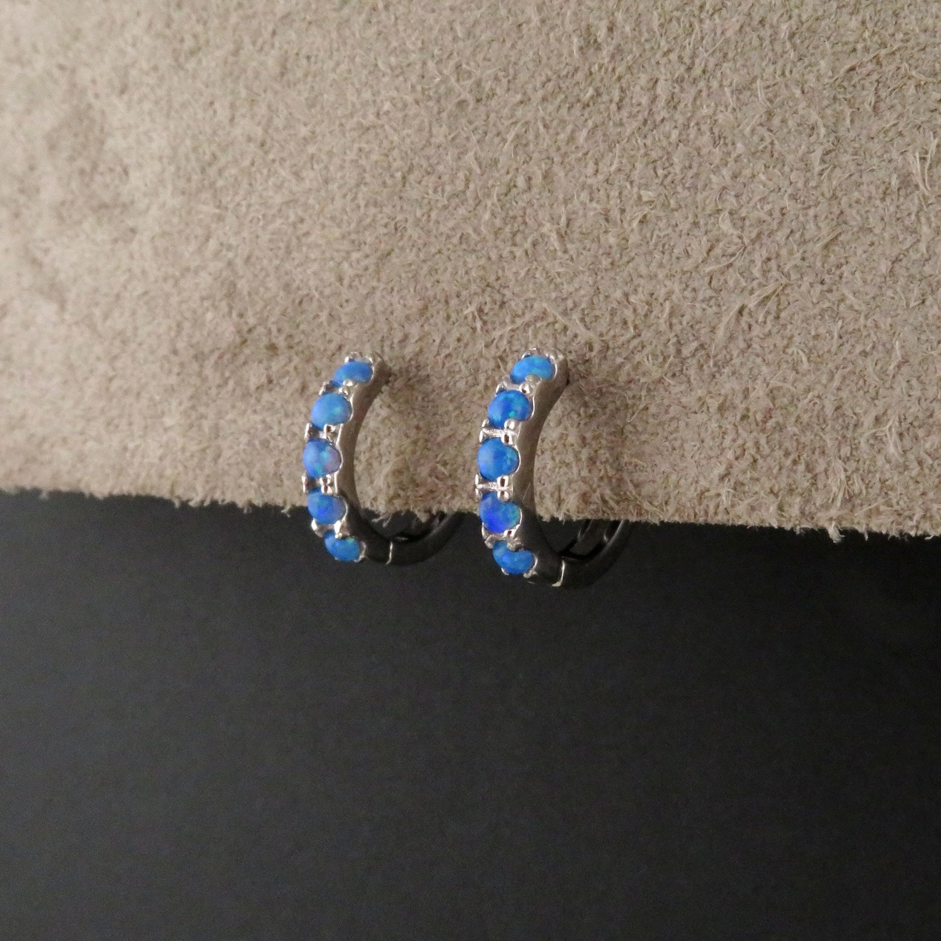 Silver Opal Hoop Earrings - Blue