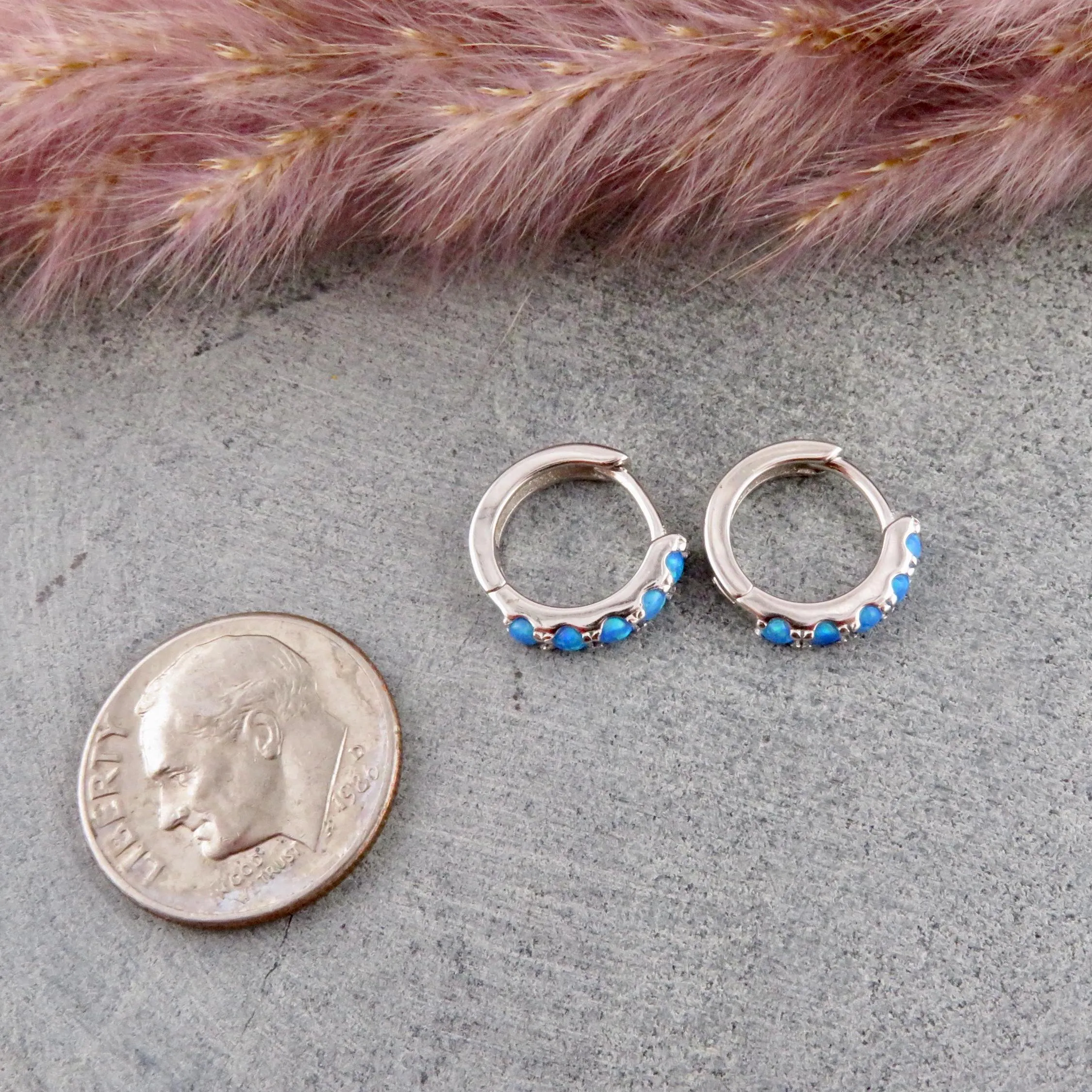 Silver Opal Hoop Earrings - Blue