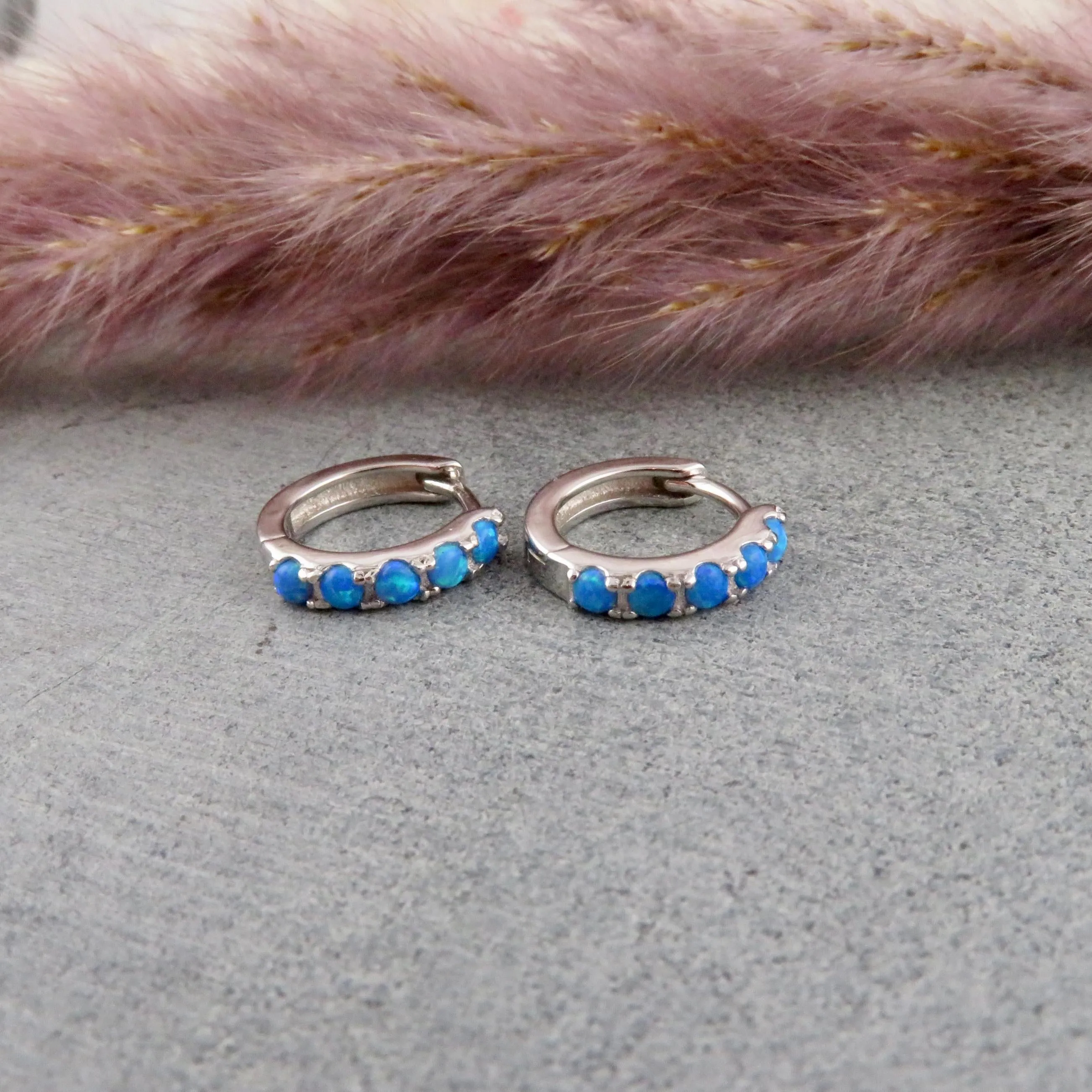 Silver Opal Hoop Earrings - Blue