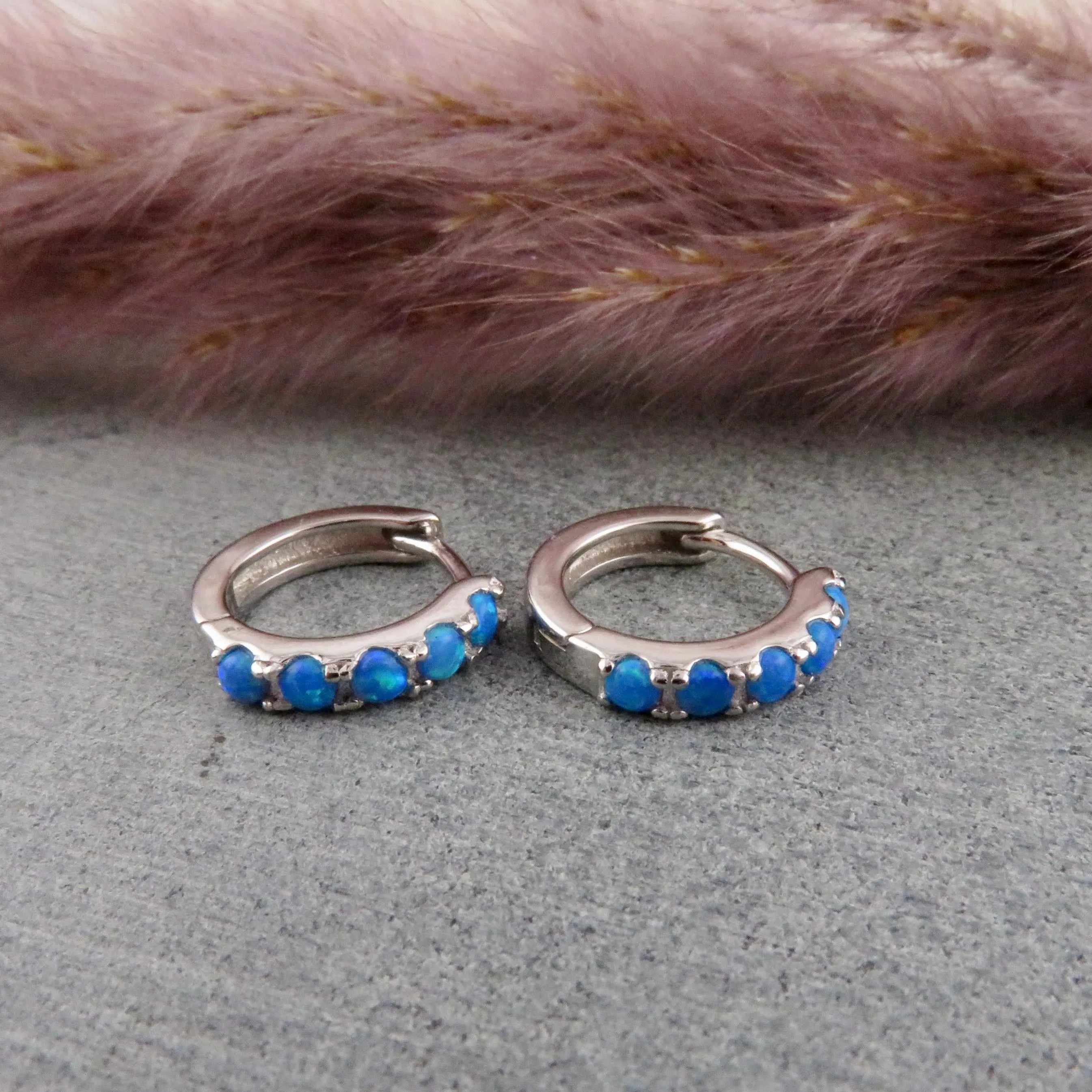 Silver Opal Hoop Earrings - Blue