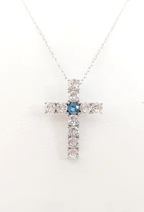 Silver Simulated Blue Topaz/Diamond Cross Pendant