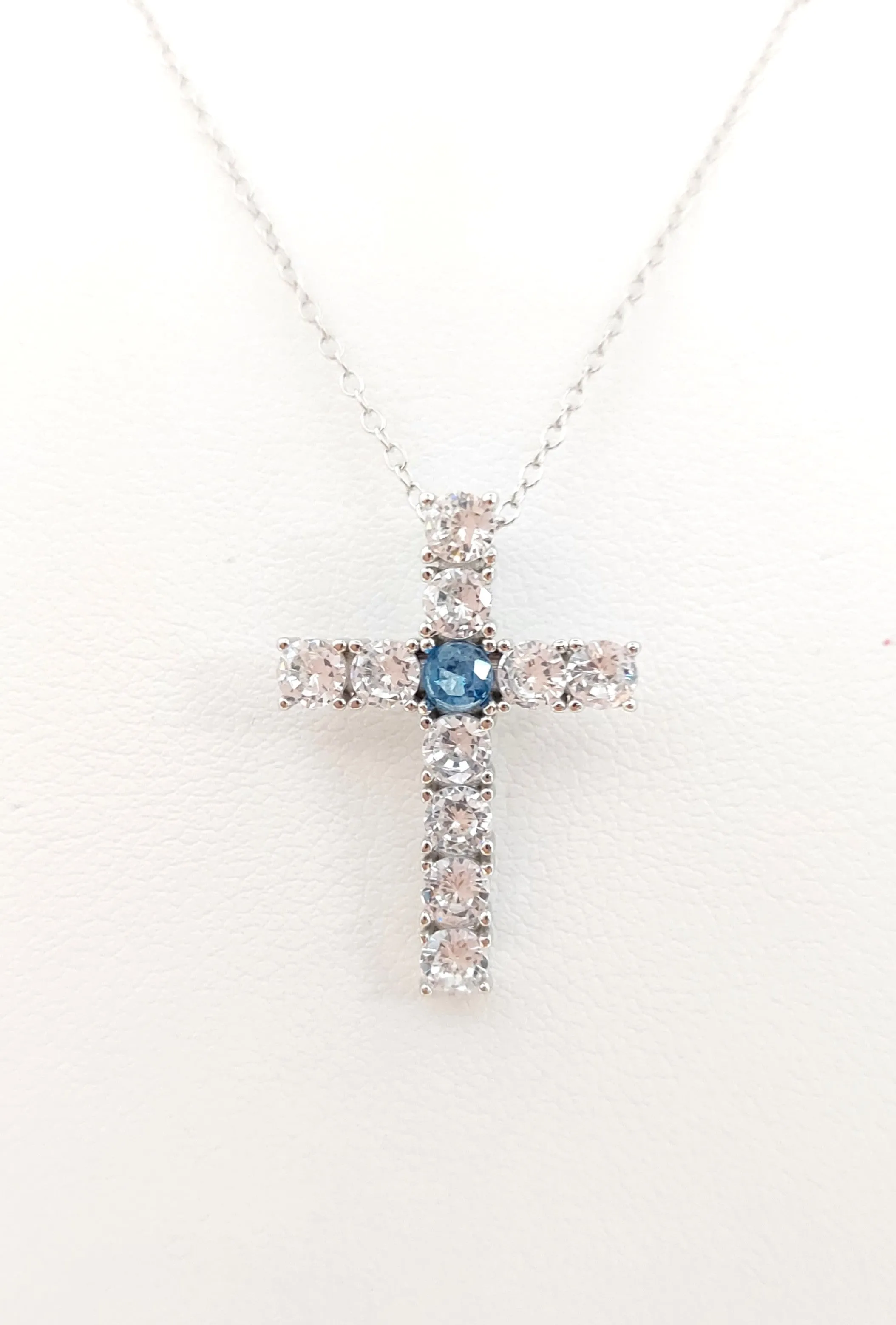 Silver Simulated Blue Topaz/Diamond Cross Pendant