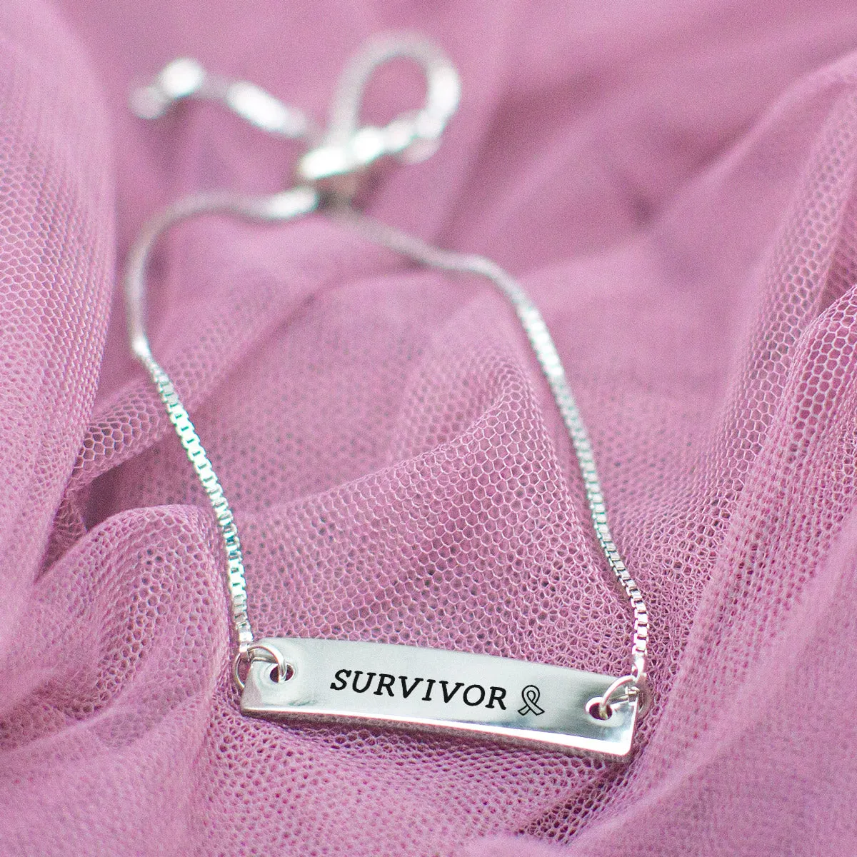 Silver Survivor Ribbon Adjustable Bar Bracelet