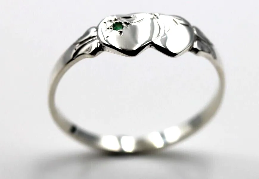 Size M - Solid New Sterling Silver Double Heart Signet Ring Emerald Set