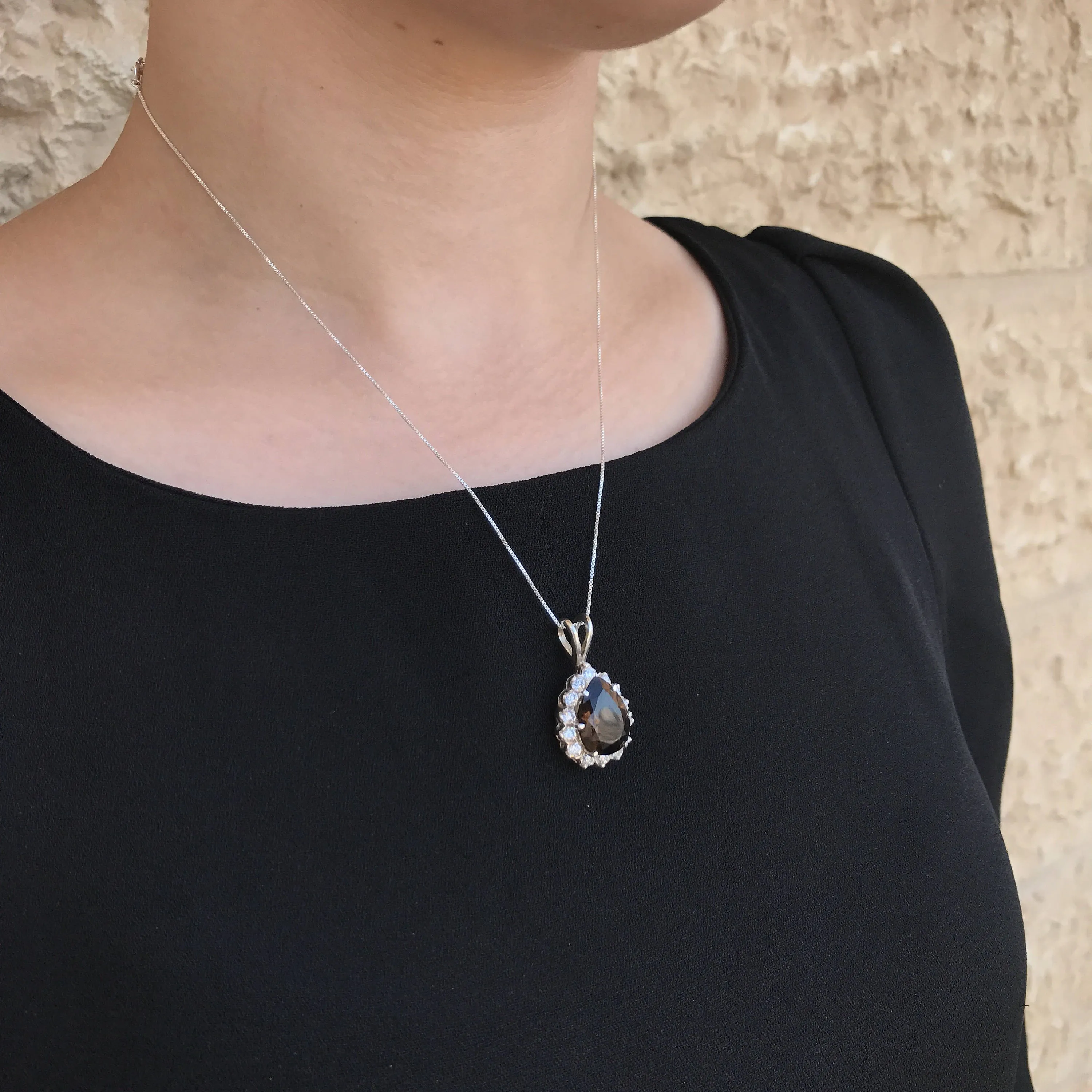 Smoky Topaz Necklace - Teardrop Topaz Pendant - Vintage Statement Necklace