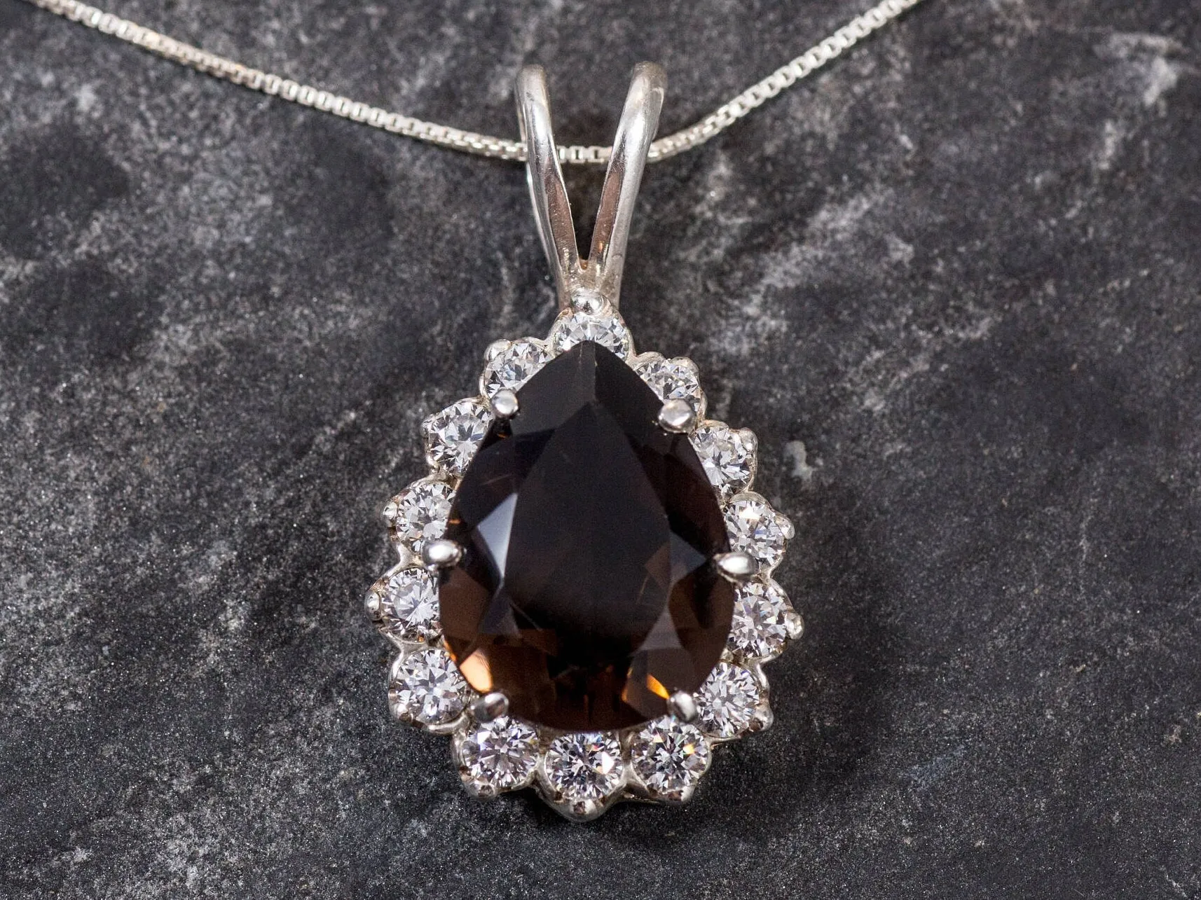 Smoky Topaz Necklace - Teardrop Topaz Pendant - Vintage Statement Necklace