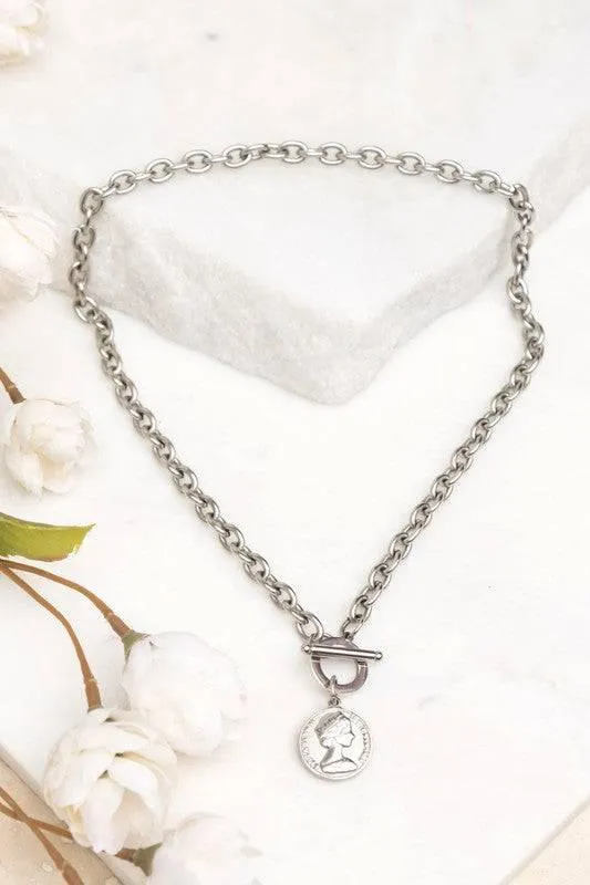 Stainless Steel Coin Toggle Necklace