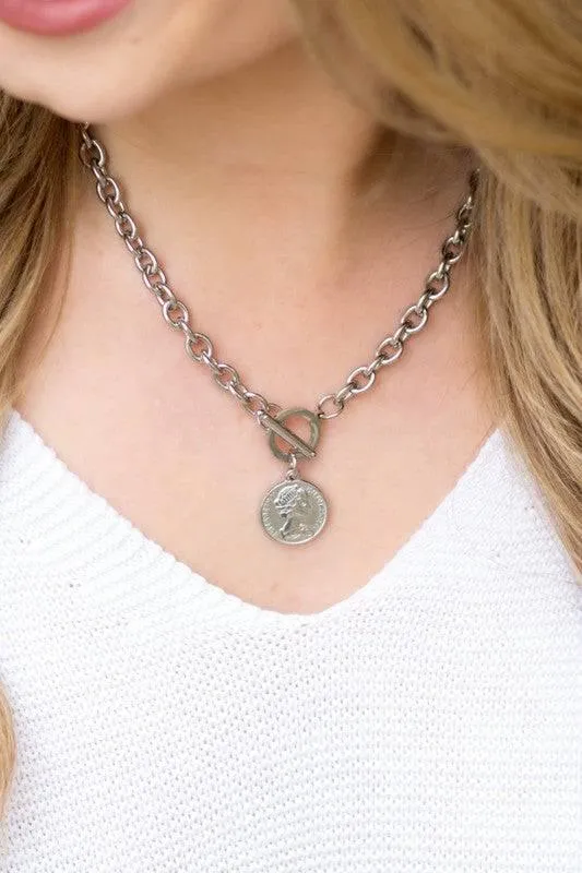 Stainless Steel Coin Toggle Necklace
