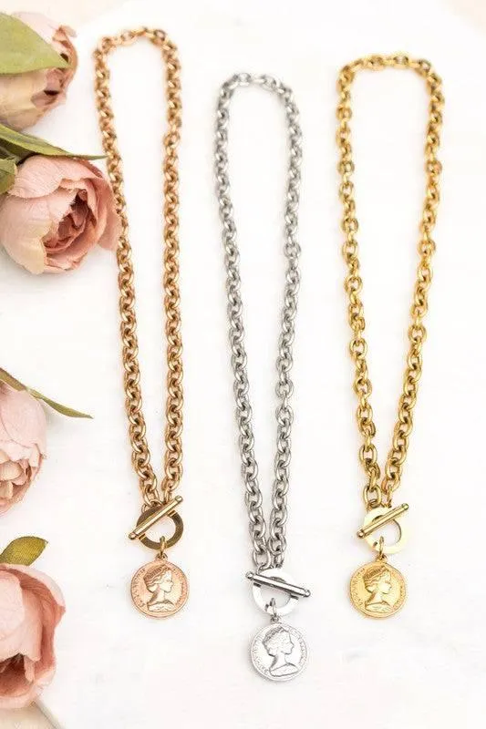 Stainless Steel Coin Toggle Necklace