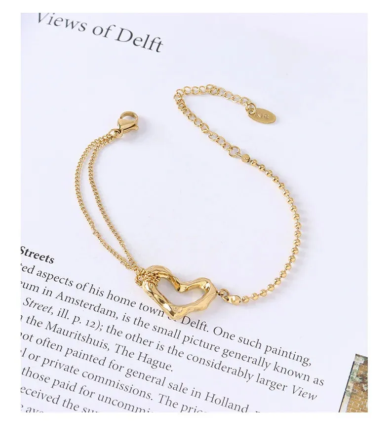 Stainless Steel Jewelry 18 K Gold Plated Peach Heart Double-Layer Steel Ball Bracelet For Anniversary