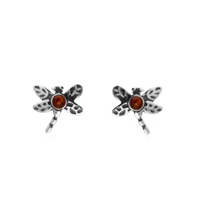 Sterling Silver Amber Dragonfly Stud Earrings