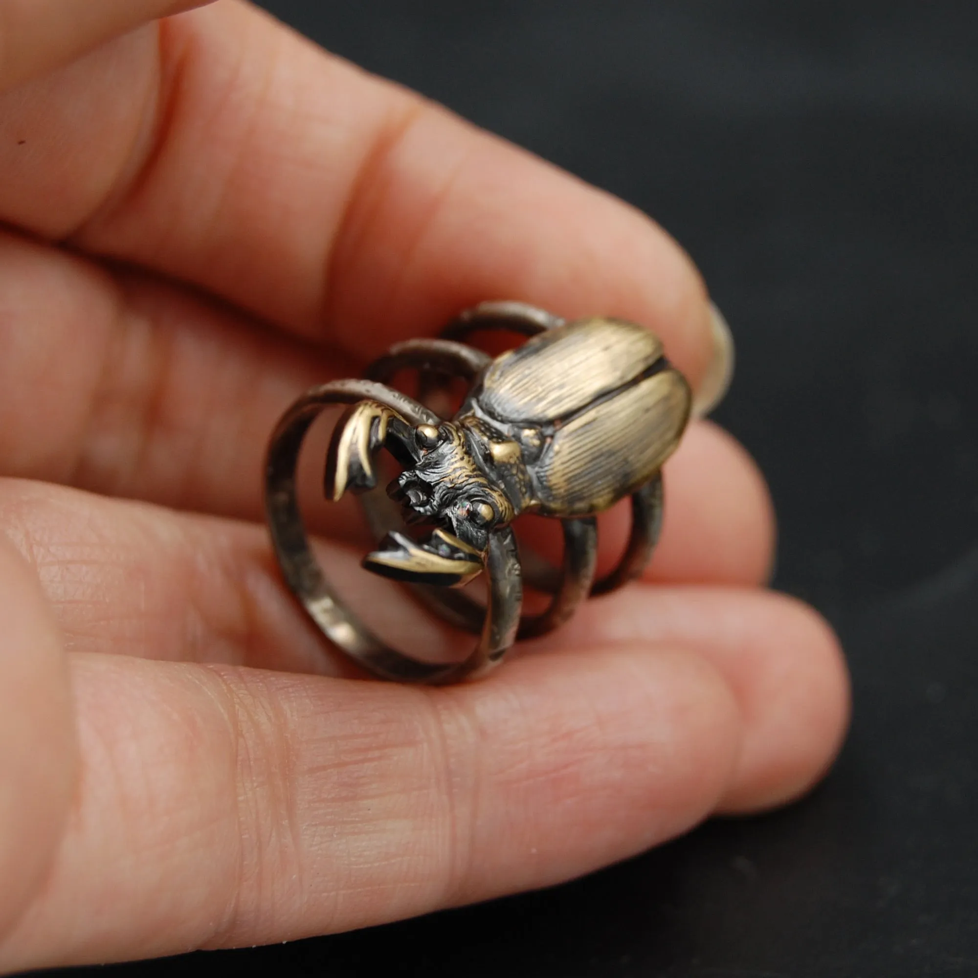 Sterling Silver and Brass Stag Beetle Insect Statement Ring -- Sizes 5 through 10 Available