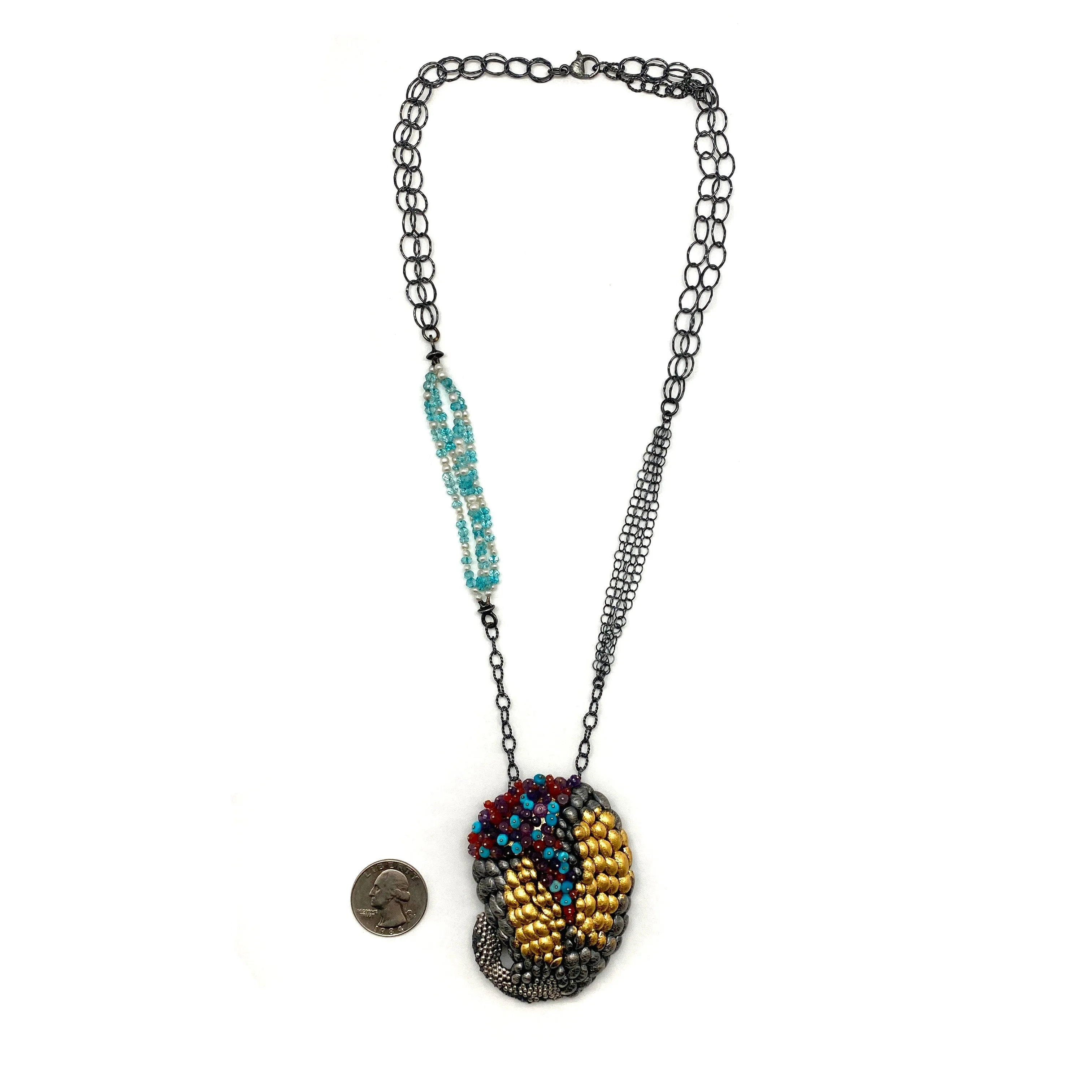 Sterling Silver and Gold Layered Scale Gemstone Brooch/Pendant