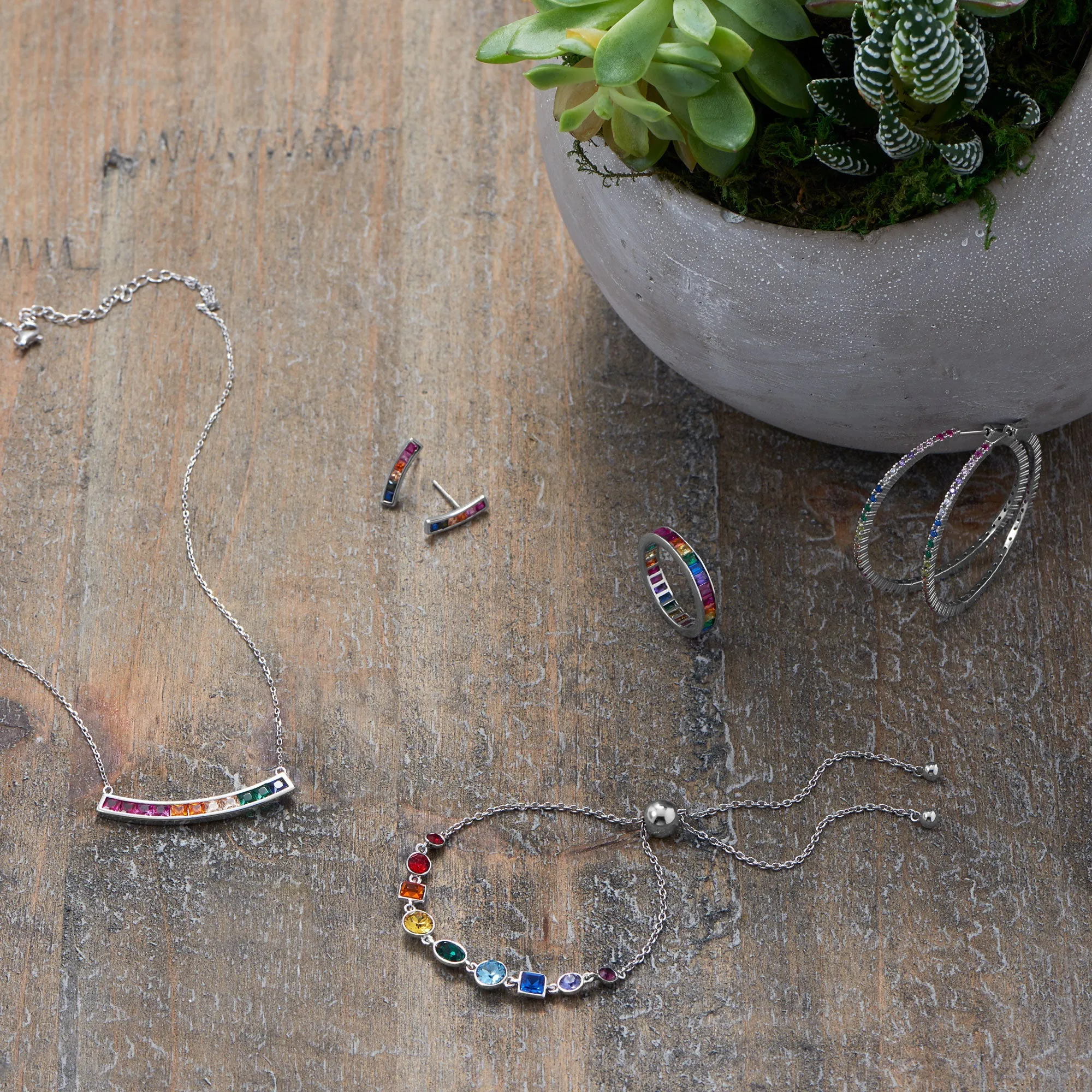 Sterling Silver Crystal Rainbow Bolo Bracelet