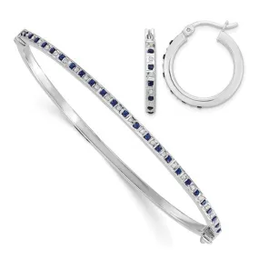 Sterling Silver Diamond & Blue Sapphire Bangle Bracelet and Round Hoop Earrings Set