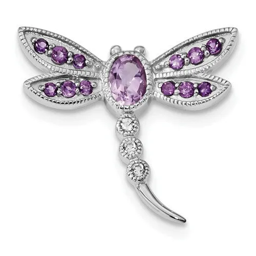 Sterling Silver Pink Quartz Amethyst & White Topaz Dragonfly Pin / Chain Slide Pendant