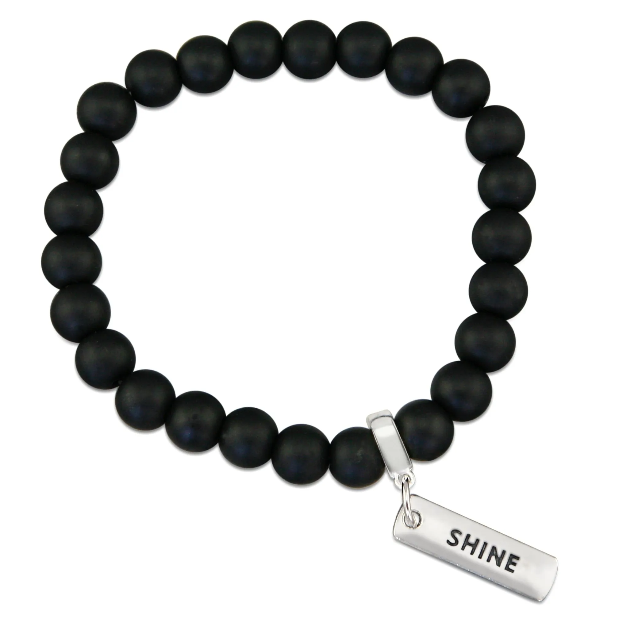 Stone Bracelet - Matt Black Onyx 8mm Bead - with Silver Word Charm