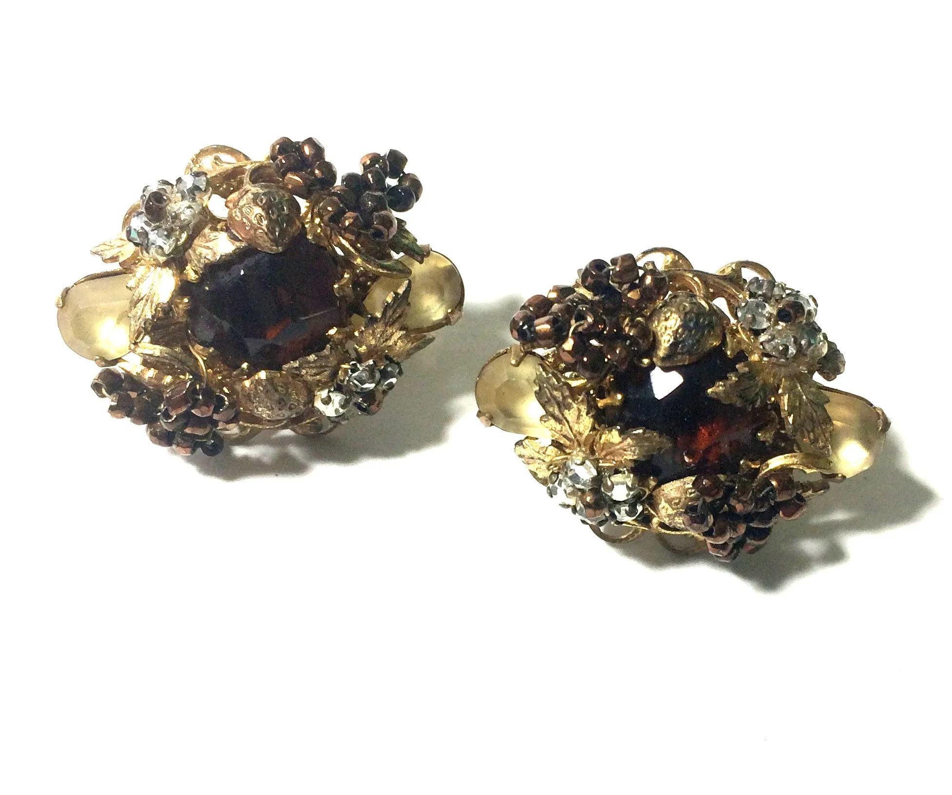 Strawberries and Beads and Rhinestones! Clip Earrings circa 1960s