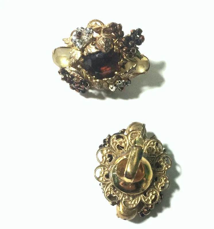 Strawberries and Beads and Rhinestones! Clip Earrings circa 1960s
