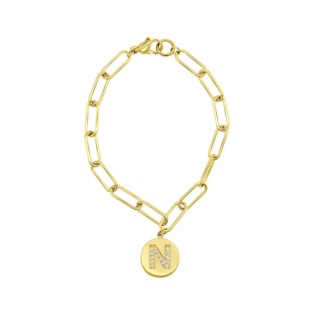 Tarnish Resistant 14k Gold Plated Pave Crystal Initial Disc Paperclip Bracelet
