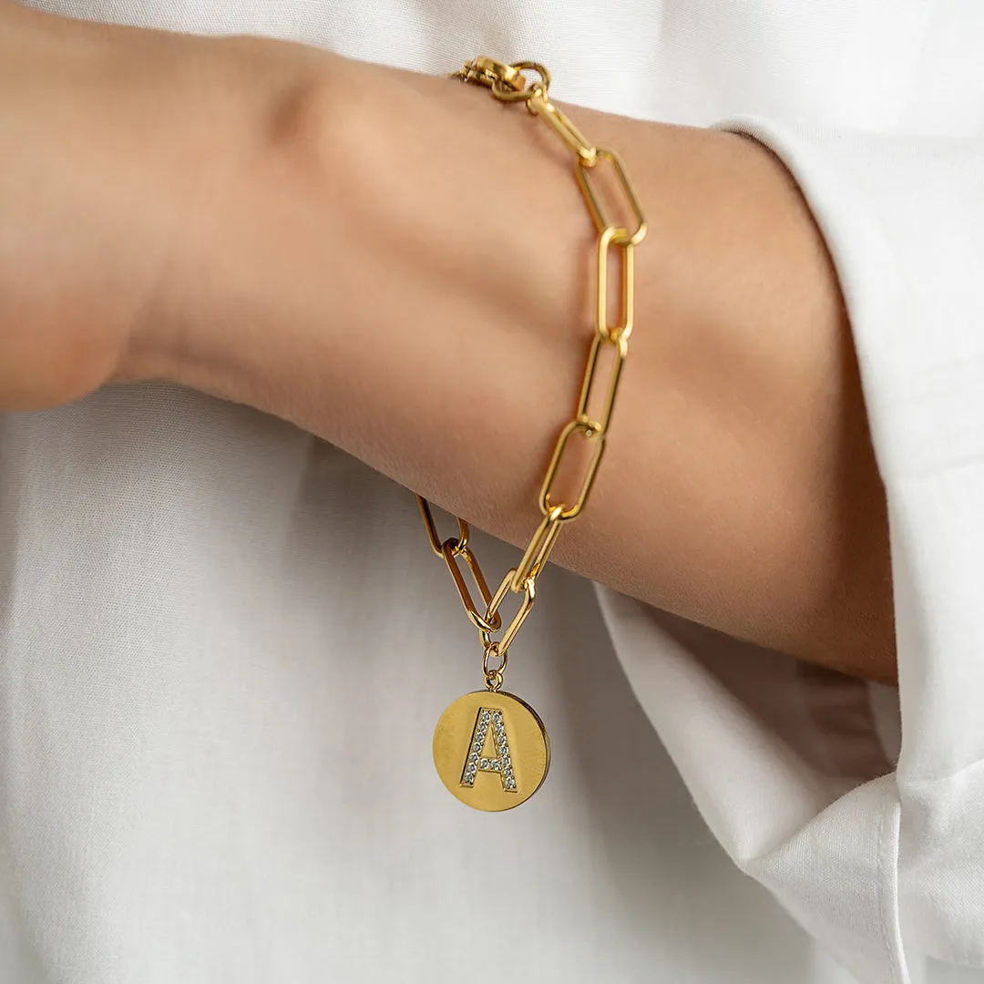 Tarnish Resistant 14k Gold Plated Pave Crystal Initial Disc Paperclip Bracelet