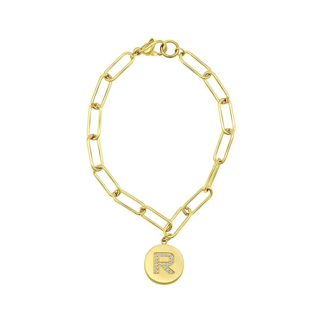 Tarnish Resistant 14k Gold Plated Pave Crystal Initial Disc Paperclip Bracelet