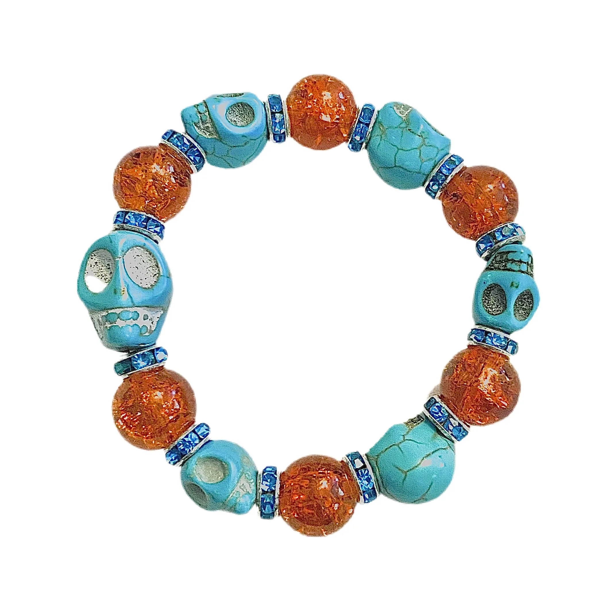 Teal Skulls and Brown Crackle Bracelet