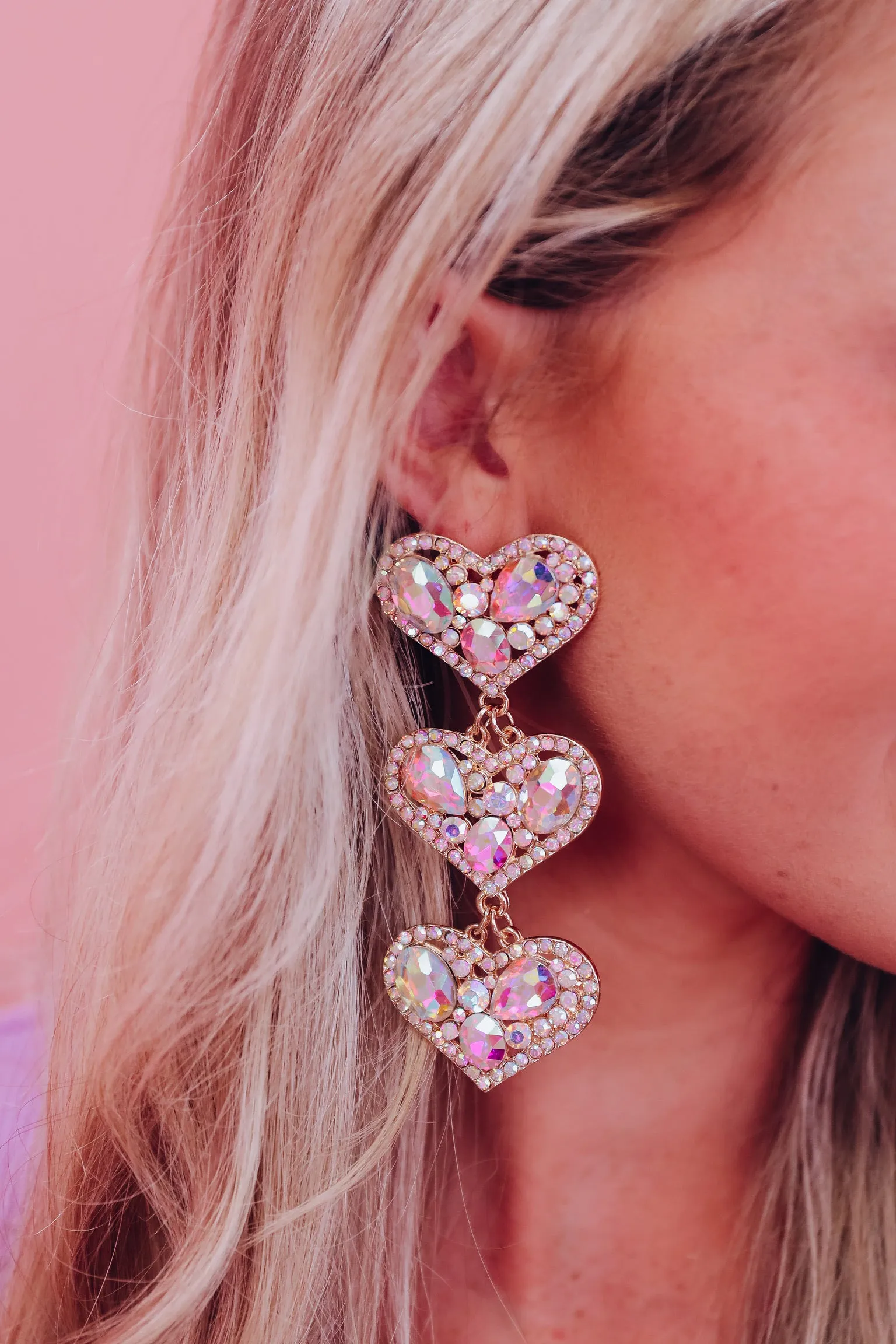 Three Heart Gemstone Dangle Earrings - AB