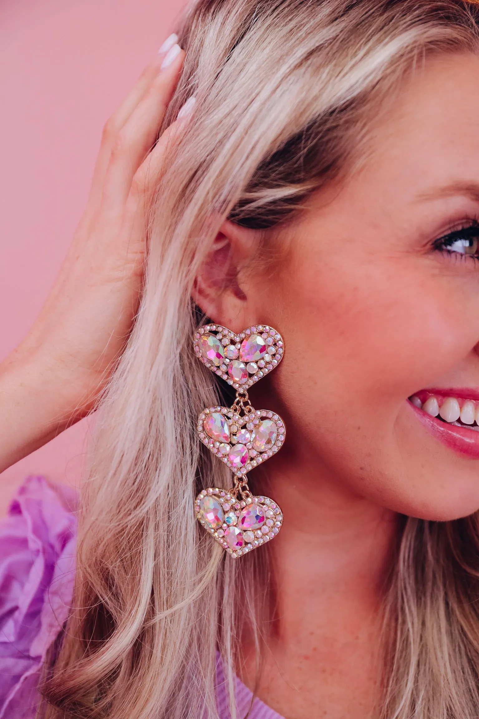 Three Heart Gemstone Dangle Earrings - AB