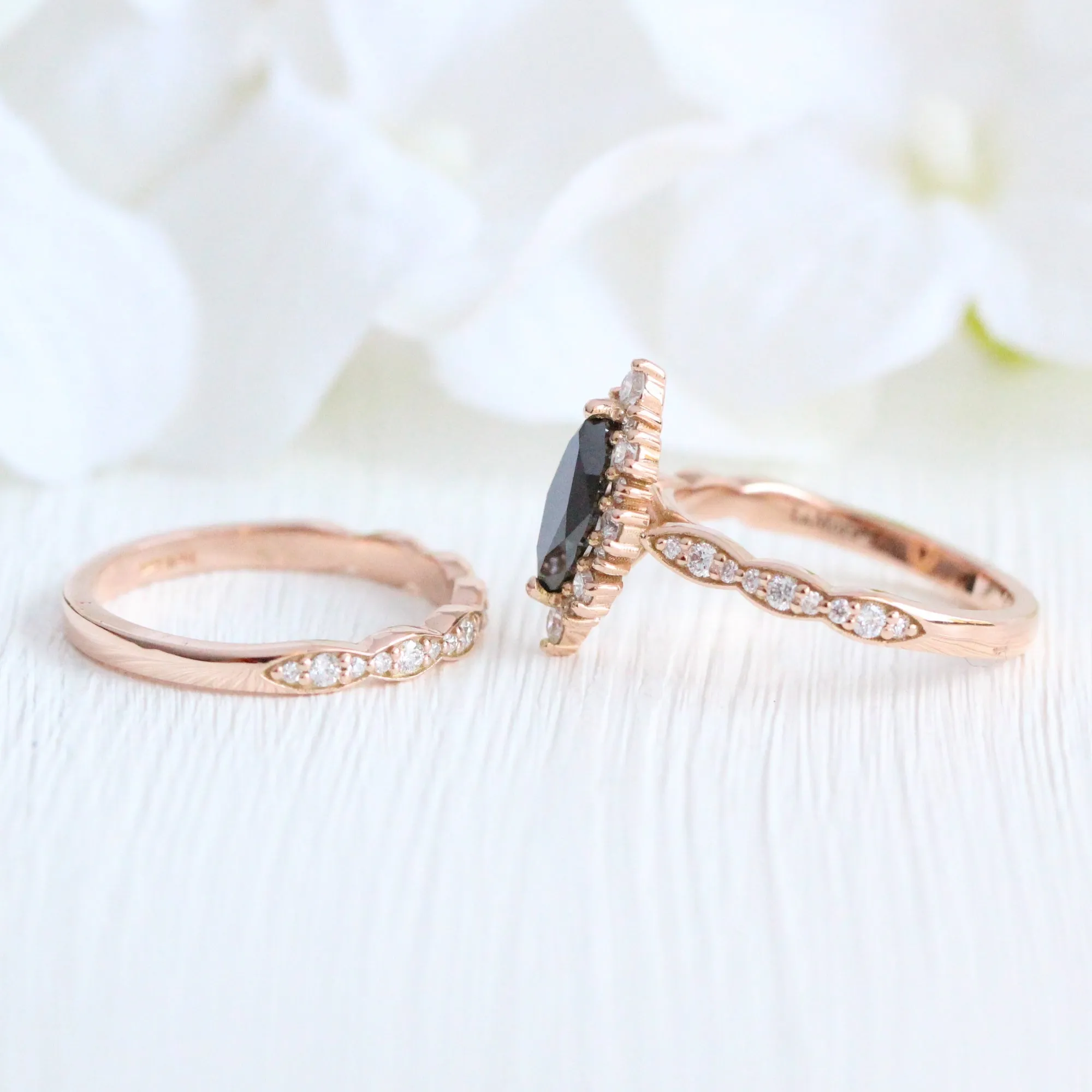 Tiara Halo Black Diamond Ring Set w/ Marquise Diamond and Matching Wedding Band