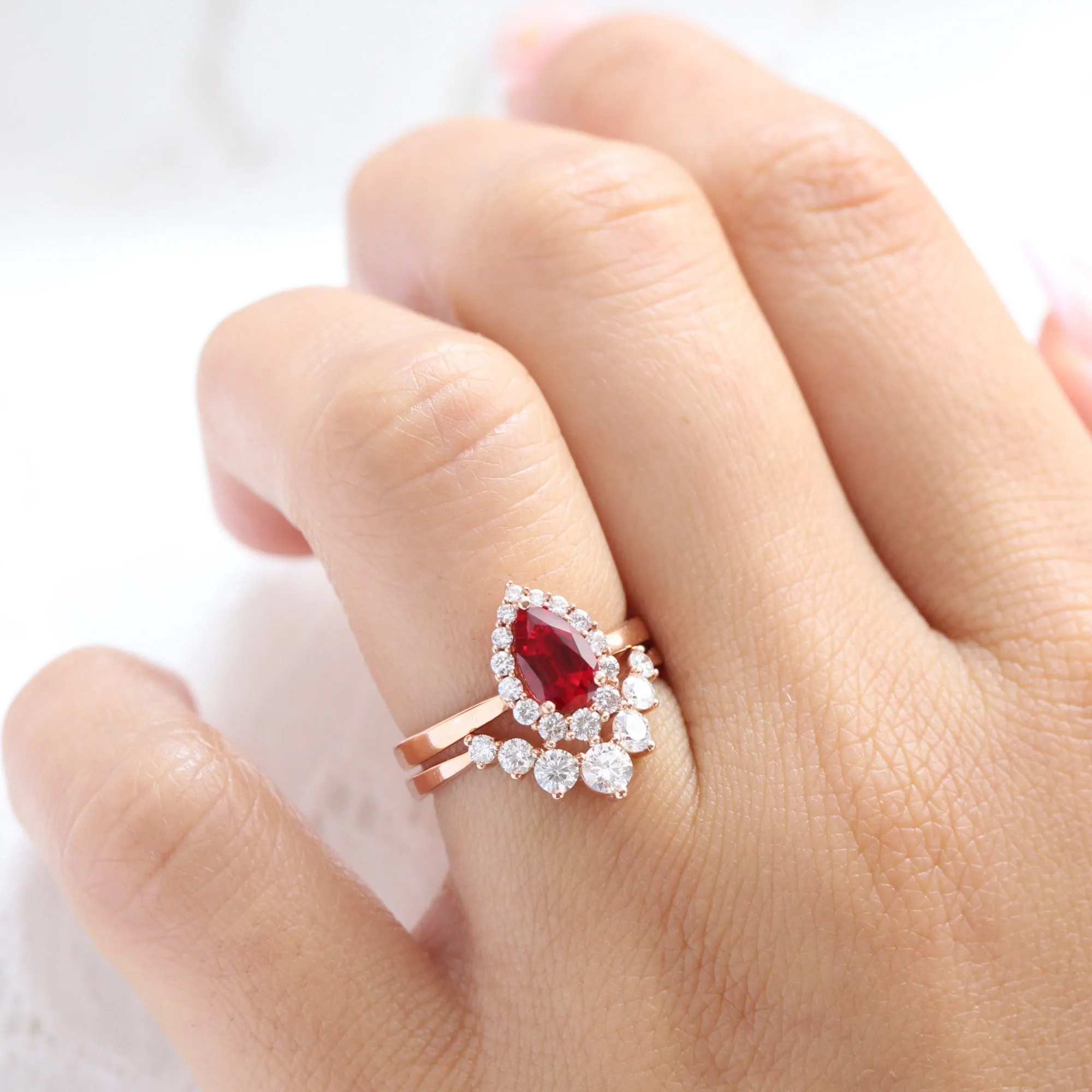 Tiara Halo Pear Ruby Ring Bridal Set w/ Large 7 Diamond U Shaped Wedding Band