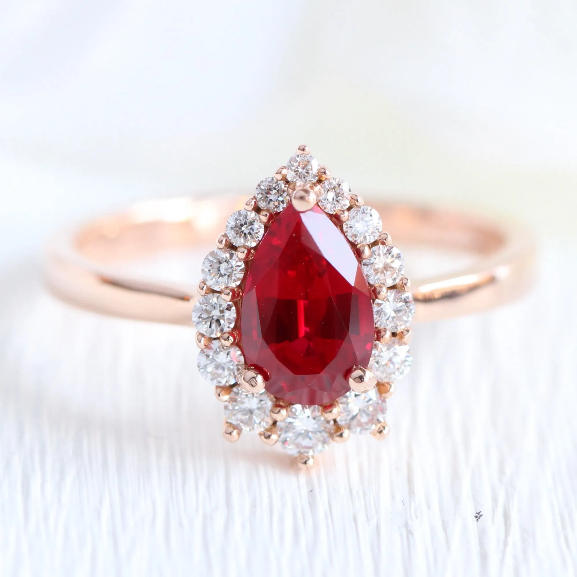 Tiara Halo Pear Ruby Ring Bridal Set w/ Large 7 Diamond U Shaped Wedding Band