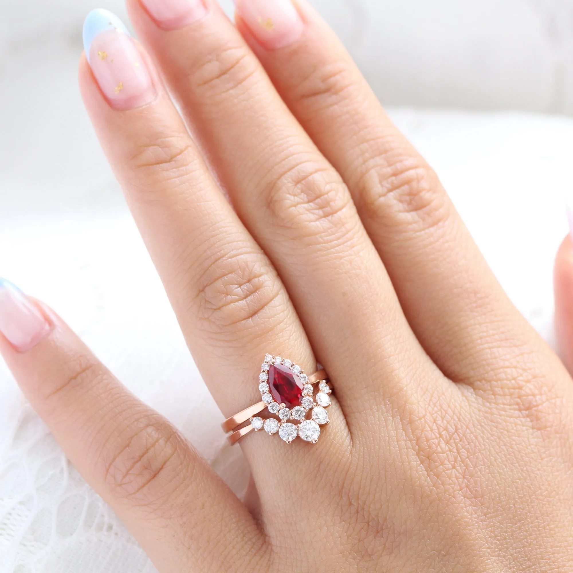 Tiara Halo Pear Ruby Ring Bridal Set w/ Large 7 Diamond U Shaped Wedding Band